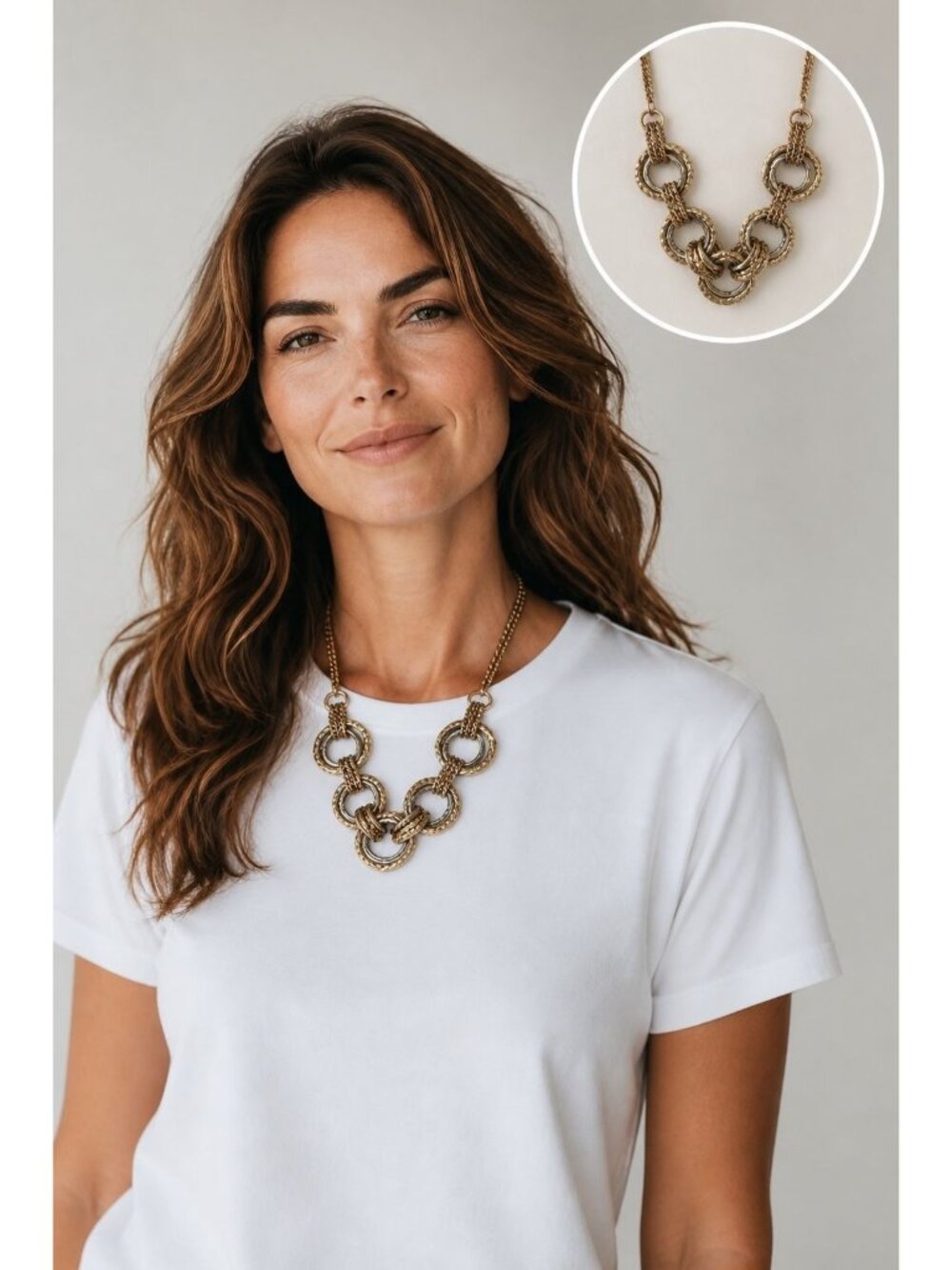Laura Ashley Tri-Colored Textured Chain Statement Necklace Multi-Circle Design